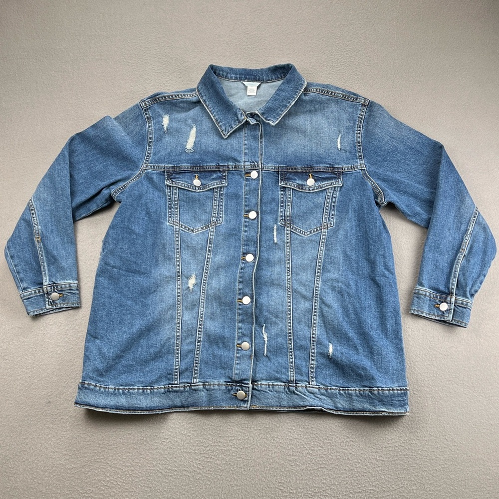 Distressed Denim Jacket 2XL Blue Stretch Jean Jacket Plus Size Jacket
